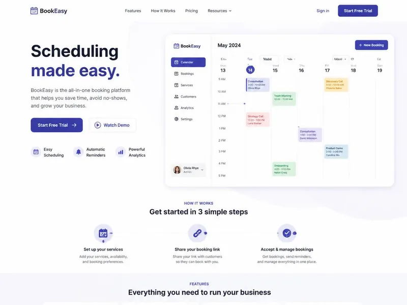 Web Design — BookEasy: Online Booking Platform UI/UX Design: site realizat de NCHDesign, design modern, versiune desktop